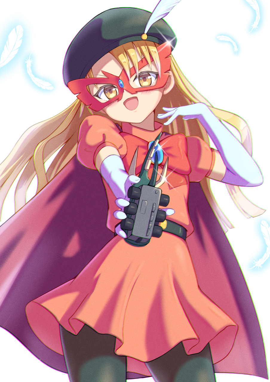 1girl, belt, beret, black_belt, black_hat, black_pantyhose, blonde_hair, bow, brooch, cape, commentary, cowboy_shot, domino_mask, dorai, dress, elbow_gloves, eye_mask, falling_feathers, feathers, glint, gloves, hand_up, hat, highres, holding, holding_toy, itasato_amiko, jewelry, jinzou_konchuu_kabutoborg_vxv, long_hair, mask, open_mouth, orange_bow, orange_dress, outstretched_arm, pantyhose, puffy_short_sleeves, puffy_sleeves, red_cape, santa_lucia_pomadoro_renaissance, short_dress, short_sleeves, simple_background, smile, solo, standing, toy, toy_car, venezian, white_background, white_gloves, yellow_eyes