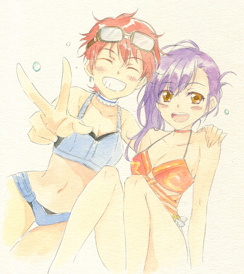 agahari, bikini, blush, goggles, goggles_on_head, grin, hand_on_shoulder, long_hair