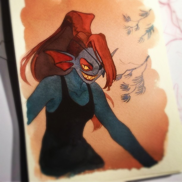 1girl, 2015, 2d, anthro, black_eyepatch, black_tank_top, blue_skin, border, branch, colored_sclera, ear_fins, eyepatch, female, female_only, fins, fish, fish_girl, grin, head_fins, high_ponytail, long_hair, monster, monster_girl, photo_(medium), pink_background, ponytail, red_hair, rozenn_grosjean, sharp_teeth, simple_background, slit_pupils, smile, solo, tank_top, traditional_media, undertale, undyne, watercolor_(medium), white_background, white_border, yellow_sclera, yellow_teeth