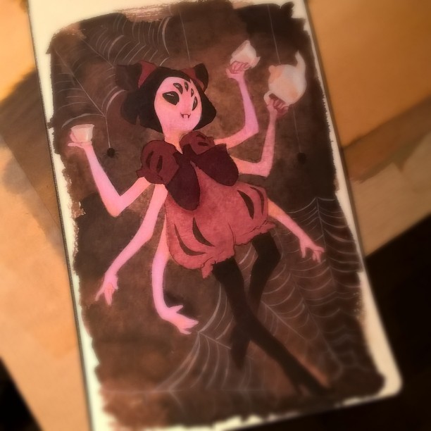 1girl, 2015, 2d, anthro, arachnid, arthropod, arthropod_girl, black_sclera, border, bow, colored_sclera, cup, extra_arms, extra_eyes, fangs, female, female_only, full_body, hair_bow, holding, holding_cup, holding_teapot, monster, monster_girl, muffet, photo_(medium), purple_skin, red_bow, rozenn_grosjean, short_twintails, simple_background, solo, spider, spider_girl, spider_web, teacup, teapot, traditional_media, twintails, undertale, watercolor_(medium), white_background, white_border