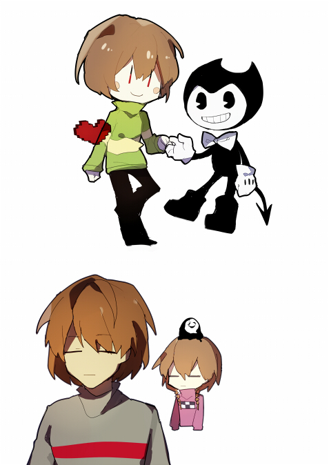 1boy, 1girl, 2017, 2d, 2others, =_=, ambiguous_gender, bendy