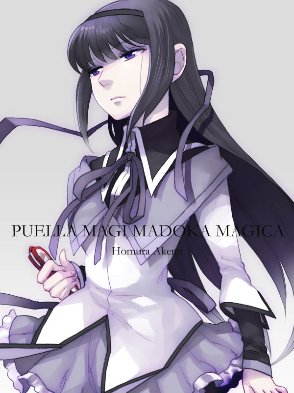 akemi_homura, black_hair, gradient, gradient_background, hairband, knife, long_hair, magical_girl