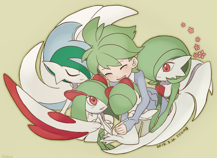 2boys, closed_eyes, closed_mouth, commentary_request, dated, evolutionary_line, flower, gallade