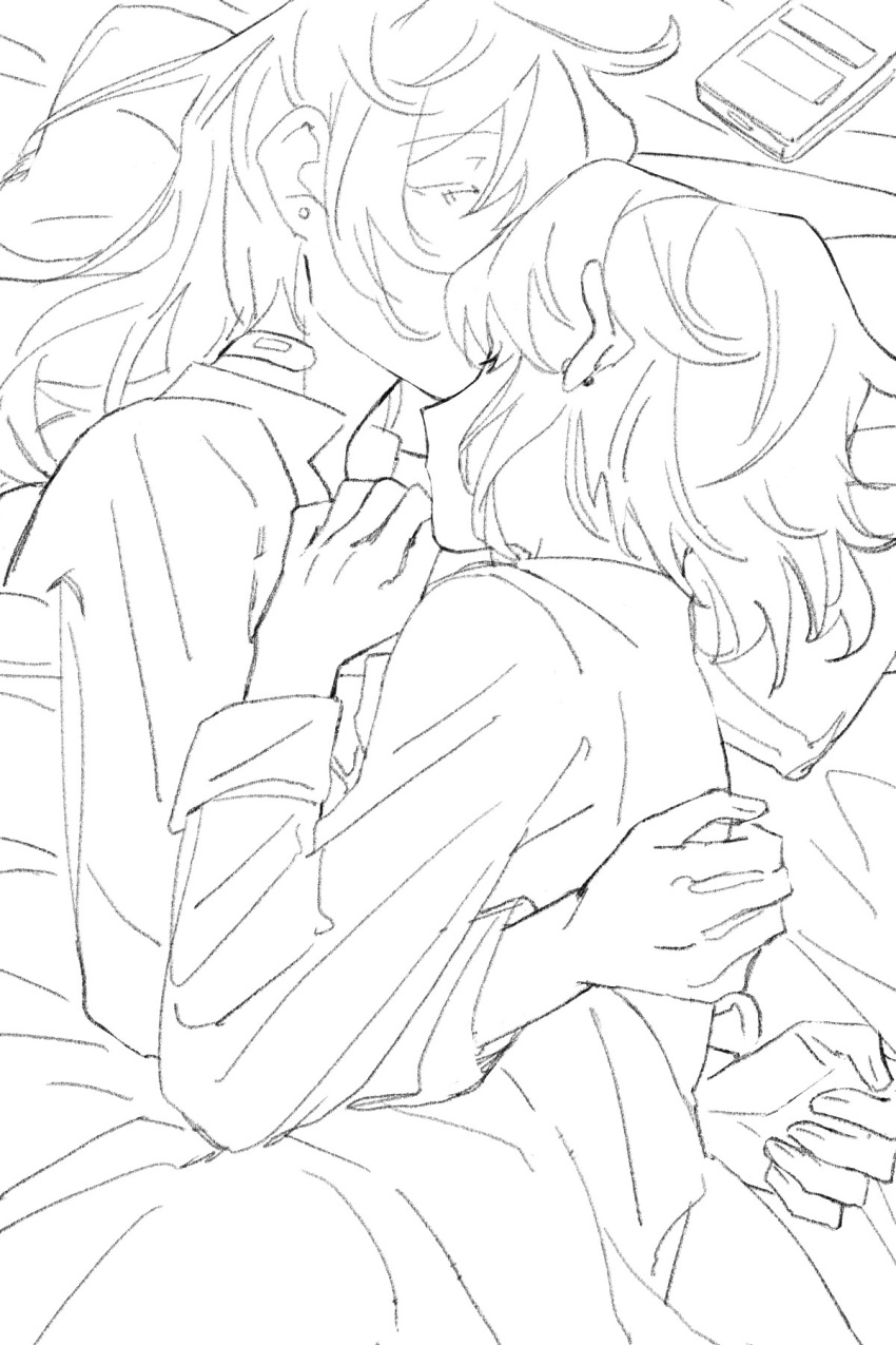 2girls, bandaid, bandaid_on_neck, chinese_commentary, closed_eyes, commentary_request, commission, cuddling, earrings, greyscale, highres, jewelry, lanserongjie, long_hair, long_sleeves, medium_hair, miyagi_shiori, monochrome, multiple_girls, second-party_source, sendai_hazuki, shuuniichido_classmate_wo_kau_hanashi, stud_earrings, under_covers, yuri