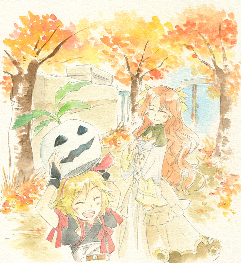 agahari, autumn_leaves, blonde_hair, blush, dress, elena_(rune_factory_oceans), fingerless_gloves, gloves