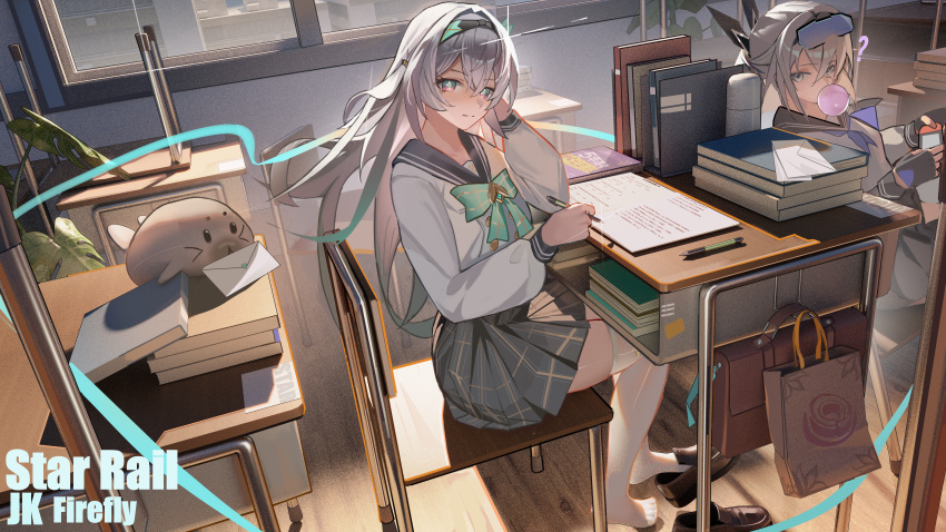 2girls, ?, absurdres, bag, blowing_bubble_gum, blush, bow, chair, chewing_gum, closed_mouth, desk, firefly_(honkai:_star_rail), green_bow, green_eyes, grey_hair, grey_skirt, handheld_game_console, highres, holding, holding_handheld_game_console, holding_pen, honkai:_star_rail, honkai_(series), letter, long_hair, long_sleeves, looking_at_viewer, multicolored_hair, multiple_girls, notebook, official_alternate_costume, official_alternate_hairstyle, on_chair, pen, pink_eyes, plaid_bow, plaid_clothes, plaid_skirt, ponytail, school_bag, school_desk, school_uniform, shirt, silver_wolf_(honkai:_star_rail), sitting, skirt, smile, thigh-highs, white_shirt, white_thighhighs, writing, xiaojuan_(user_ezvt7287)