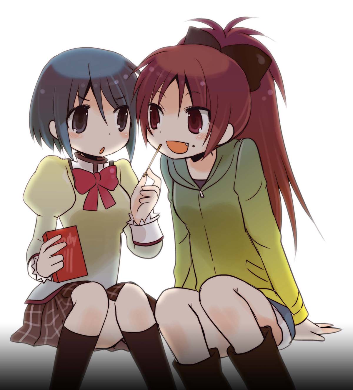 azuu, black_legwear, blue_eyes, blue_hair, blush, boots, bow, denim, denim_shorts, eating, fang, hair_bow, highres, kneehighs, long_hair, mahou_shoujo_madoka_magica, miki_sayaka, multiple_girls, plaid, plaid_skirt, pocky, ponytail, red_eyes, red_hair, redhead, sakura_kyouko, school_uniform, short_hair, shorts, sitting, skirt, tartan