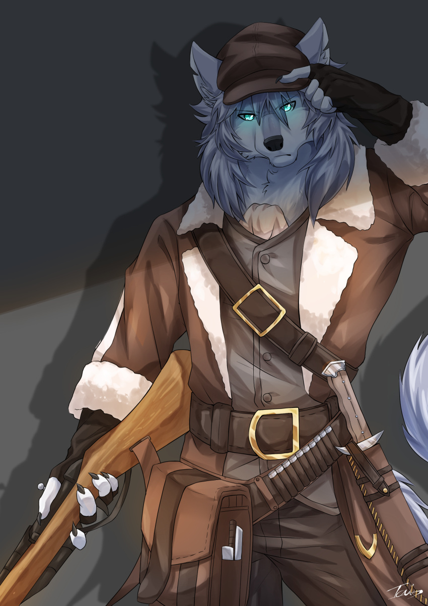 1boy, absurdres, animal_ears, blue_eyes, brown_hat, brown_jacket, claws, closed_mouth