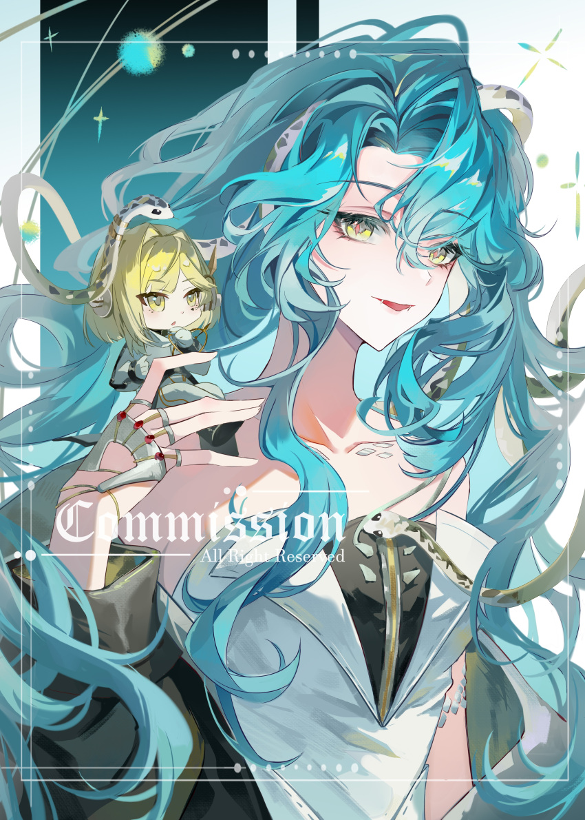2girls, :d, absurdres, bare_shoulders, black_coat, blonde_hair, blue_background, blue_hair