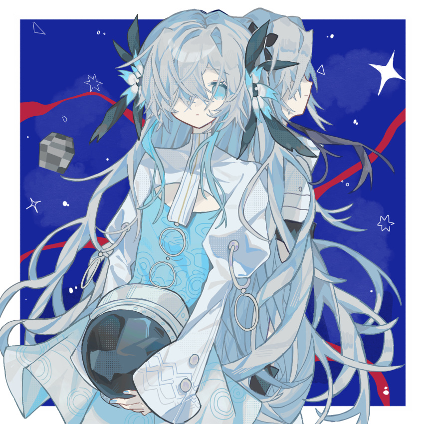 2girls, abstract_background, back-to-back, behind_another, blue_background, blue_dress, blue_eyes, blue_flower, border, breasts, cevio, cleavage_cutout, closed_mouth, clothing_cutout, dress, expressionless, flower, grey_hair, hair_flower, hair_ornament, hair_over_one_eye, helmet, highres, holding, holding_helmet, isekaijoucho, jibun_dake_ga_shinjirarenai, juliet_sleeves, kamitsubaki_studio, light_smile, long_hair, long_sleeves, looking_at_viewer, multicolored_hair, multiple_girls, one_eye_covered, outside_border, puffy_sleeves, red_ribbon, ribbon, rubik's_cube, sekai_(cevio), shrug_(clothing), small_breasts, space_helmet, sparkle, streaked_hair, unworn_ribbon, very_long_hair, white_border