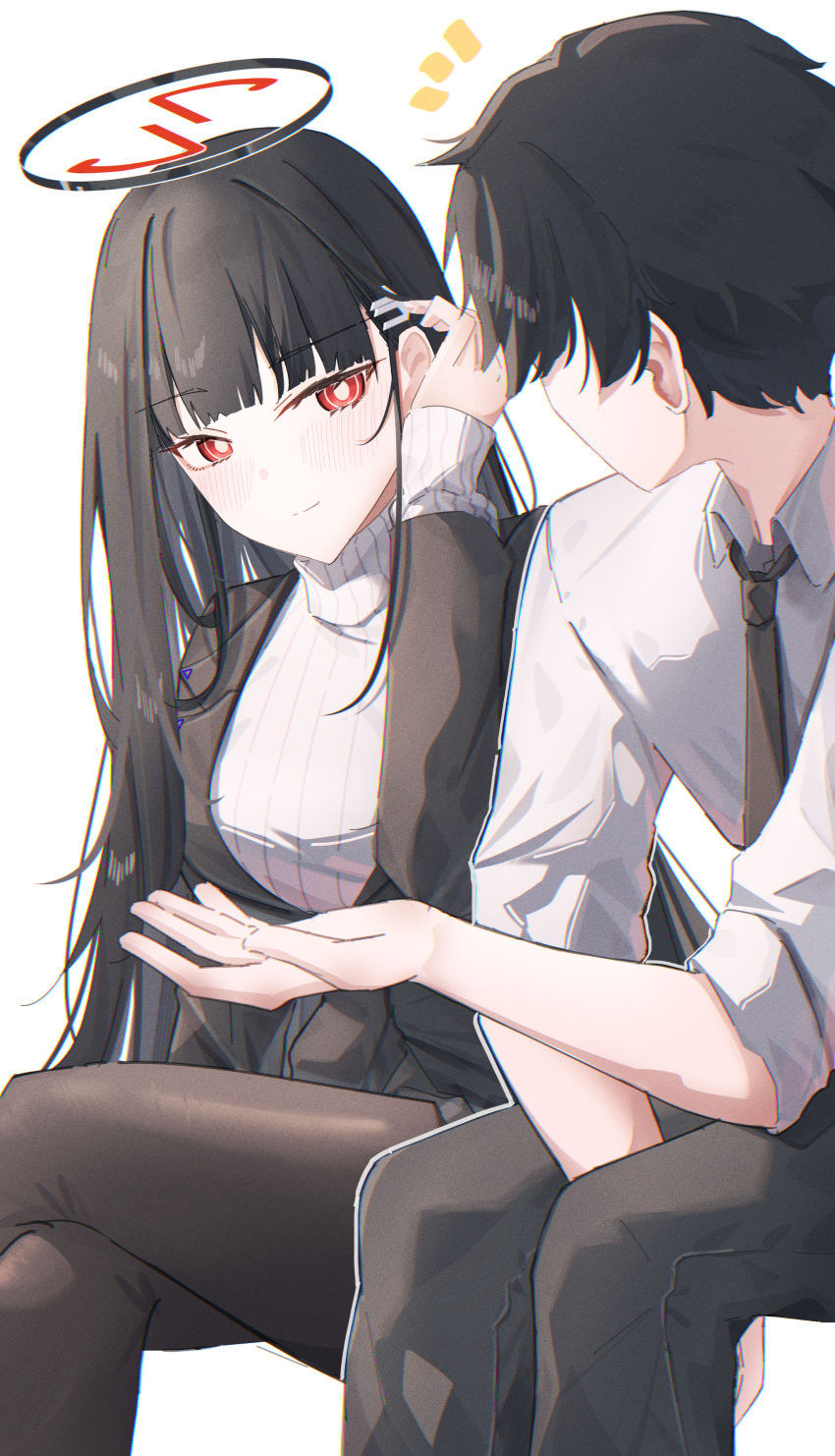 1boy, 1girl, absurdres, black_hair, black_jacket, black_necktie, black_pantyhose, blazer