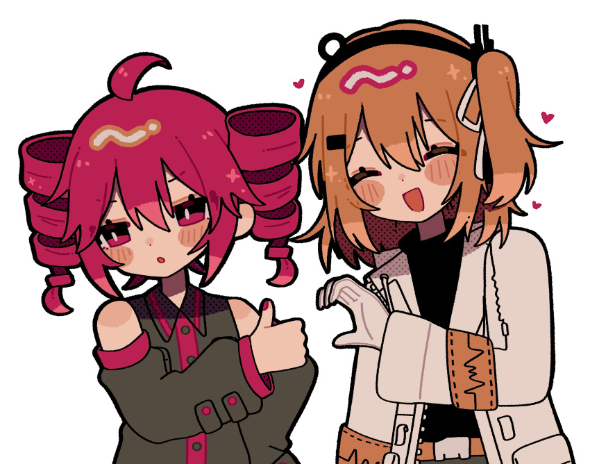 2girls, a.i._voice, adachi_rei, ahoge, averting_eyes, black_shirt, blush, collared_shirt