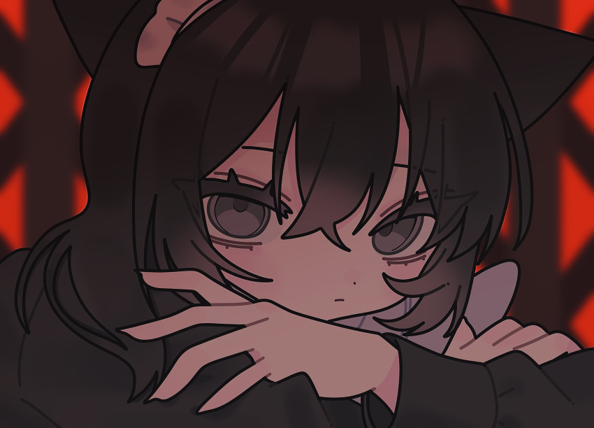1girl, animal_ears, black_eyes, black_hair, blurry, blurry_background, cat_ears, cat_girl