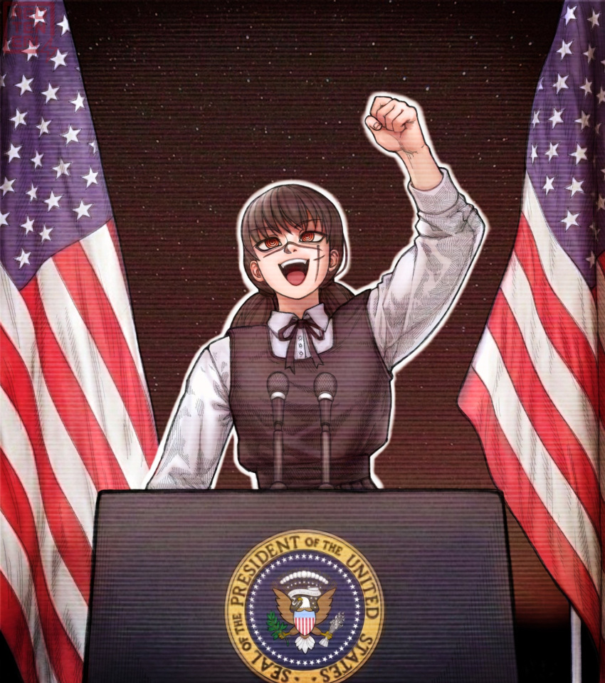 1girl, american_flag, bald_eagle, bird, black_background, black_hair, chainsaw_man, clenched_hand, cross_scar, dress, eagle, english_commentary, fist_pump, flag, fourth_east_high_school_uniform, hand_up, highres, lectern, microphone, neck_ribbon, open_mouth, outline, pinafore_dress, politician, redteneri, ribbon, ringed_eyes, scanlines, scar, scar_on_cheek, scar_on_face, scar_on_nose, school_uniform, shirt, sleeveless, sleeveless_dress, solo, united_states, upper_body, white_outline, white_shirt, yoru_(chainsaw_man)