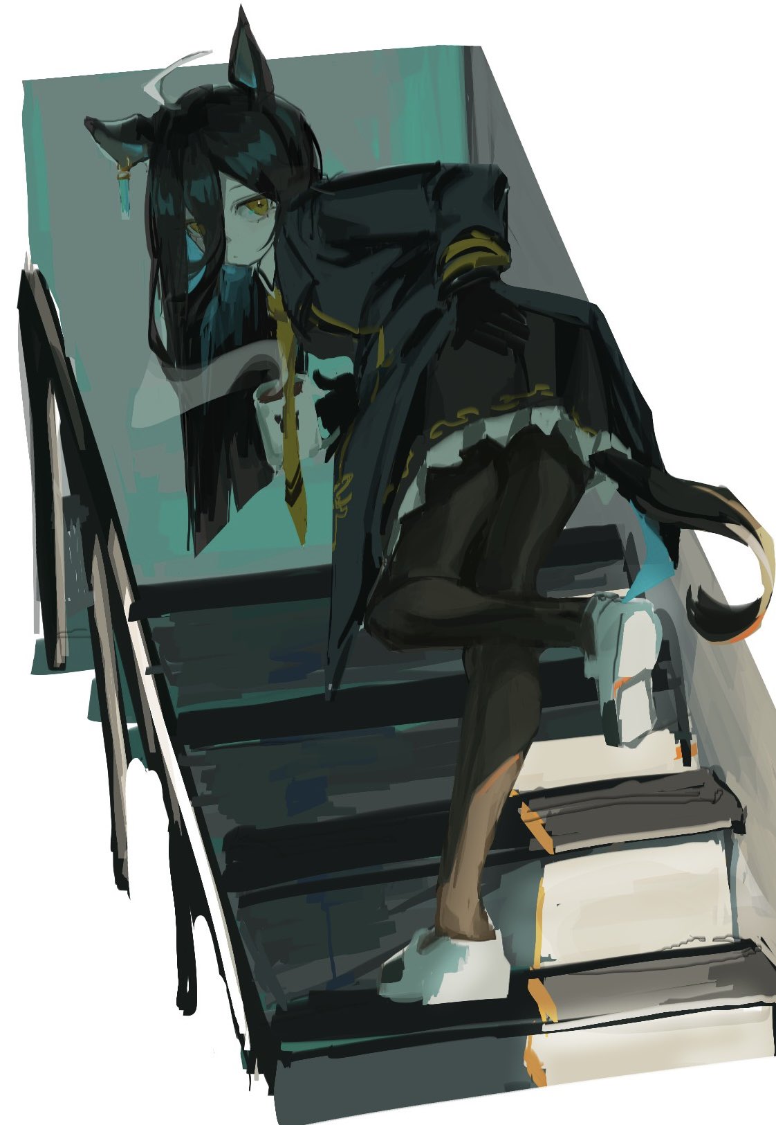 1girl, ahoge, animal_ears, black_gloves, black_hair, black_pantyhose, black_skirt, dom1