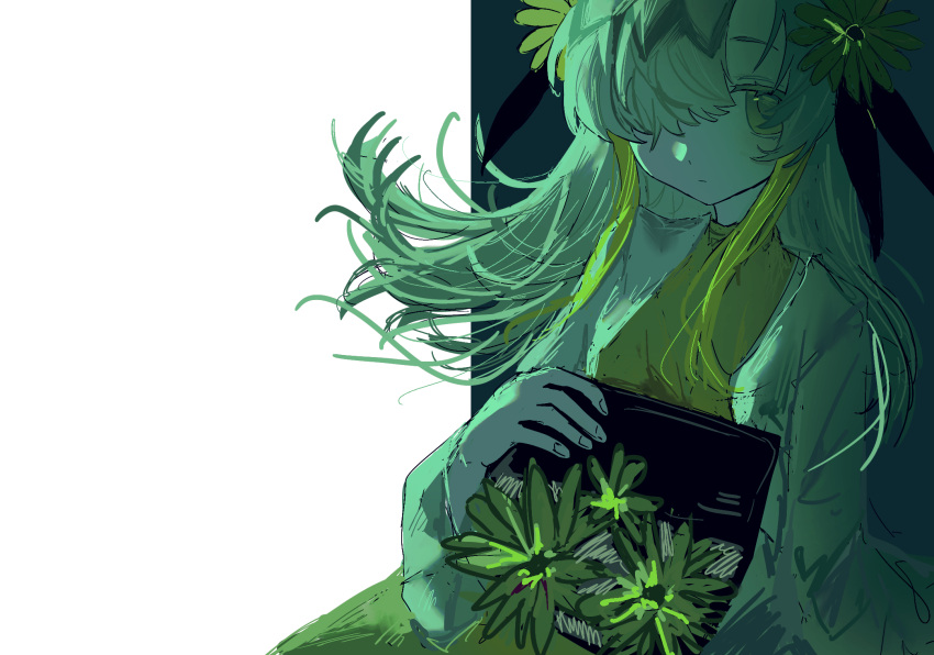 1girl, blonde_hair, box, chinese_commentary, closed_mouth, commentary_request, dress, expressionless, floating_hair, flower, hair_flower, hair_ornament, hair_over_one_eye, highres, holding, holding_box, isekaijoucho, jacket, jibun_dake_ga_shinjirarenai, kamitsubaki_studio, long_hair, looking_at_viewer, multicolored_hair, negative_space, one_eye_covered, open_clothes, open_jacket, sidelighting, simple_background, solo, streaked_hair, two-tone_background, upper_body, virtual_youtuber, white_background, white_hair, white_jacket, yellow_dress, yellow_eyes, yellow_flower