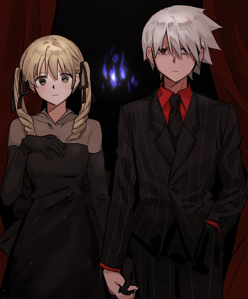 1boy, 1girl, absurdres, black_background, black_dress, black_gloves, black_jacket, black_necktie