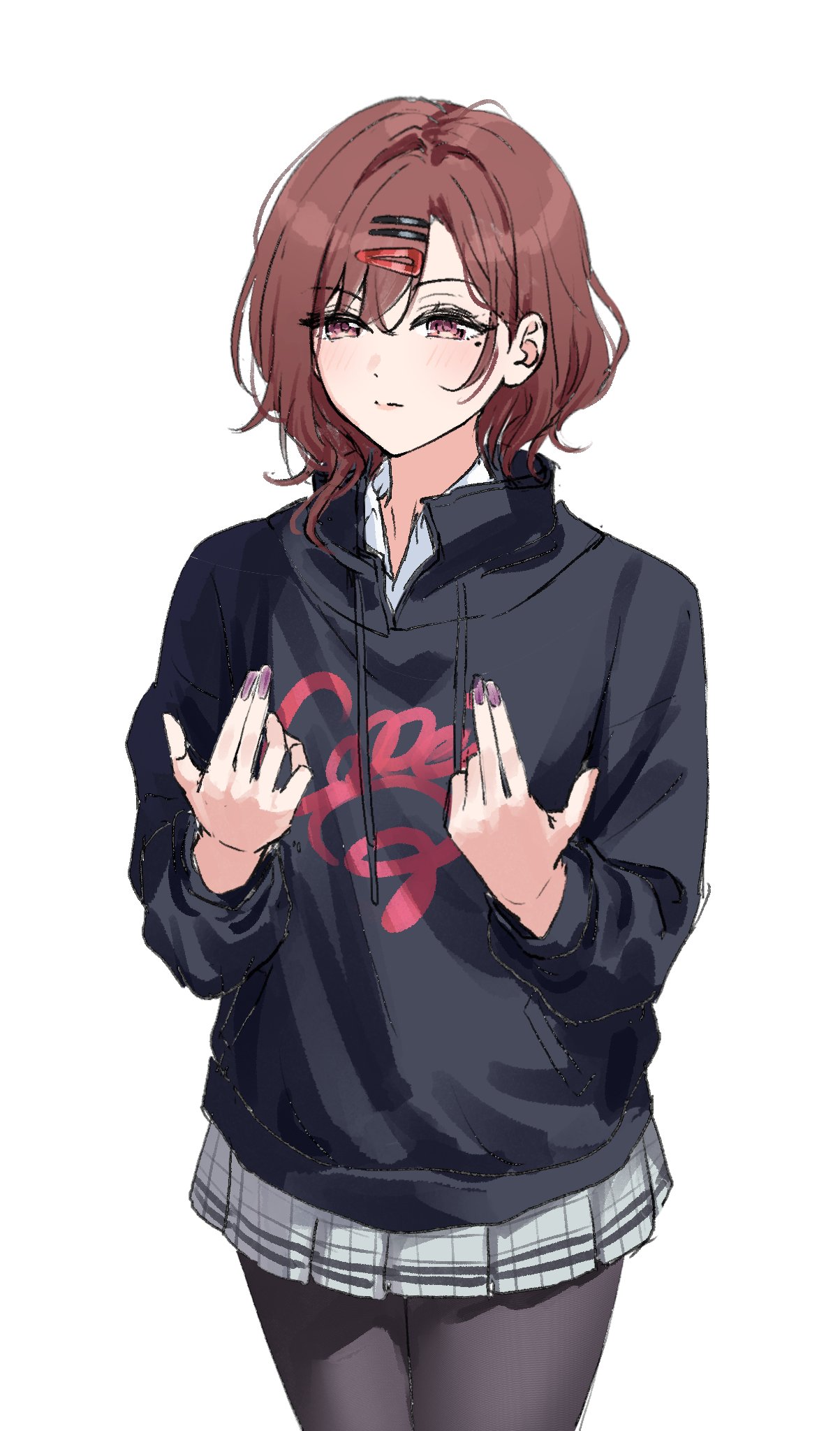 1girl, black_hoodie, black_pantyhose, blush, brown_hair, closed_mouth, clothes_writing, commentary, cowboy_shot, english_commentary, hair_ornament, hairclip, hands_up, highres, higuchi_madoka, hood, hood_down, hoodie, idolmaster, idolmaster_shiny_colors, long_sleeves, medium_hair, meme, miniskirt, mole, mole_under_eye, nail_polish, nonbire, pantyhose, pleated_skirt, purple_nails, simple_background, skirt, solo, sybau_(meme), violet_eyes, white_background, white_skirt