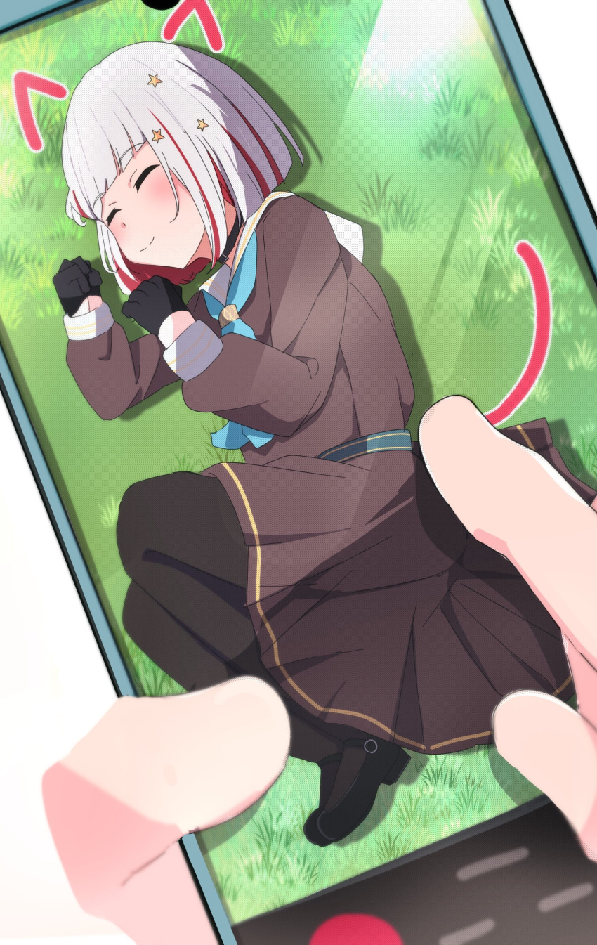 2girls, absurdres, black_choker, black_gloves, black_pantyhose, black_shoes, blue_neckerchief, bob_cut, cellphone, choker, clenched_hands, colored_inner_hair, commentary, diagonal_bangs, drawing_(action), drawn_ears, drawn_tail, dress, full_body, gloves, grey_hair, hair_ornament, hasu_no_sora_school_uniform, highres, holding, holding_phone, inverted_bob, kametora_(kametora02), link!_like!_love_live!, long_sleeves, love_live!, lying, medium_dress, multicolored_hair, multiple_girls, neckerchief, on_side, pantyhose, paw_pose, phone, pleated_dress, red_hair, sailor_collar, sailor_dress, school_uniform, shoes, short_hair, sleeping, smartphone, solo_focus, star_(symbol), star_hair_ornament, streaked_hair, viewer_holding_phone, virtual_youtuber, white_sailor_collar, winter_uniform, yugiri_tsuzuri