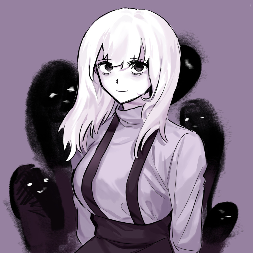 1girl, absurdres, arms_at_sides, bags_under_eyes, black_eyes, black_skirt, breasts, closed_mouth