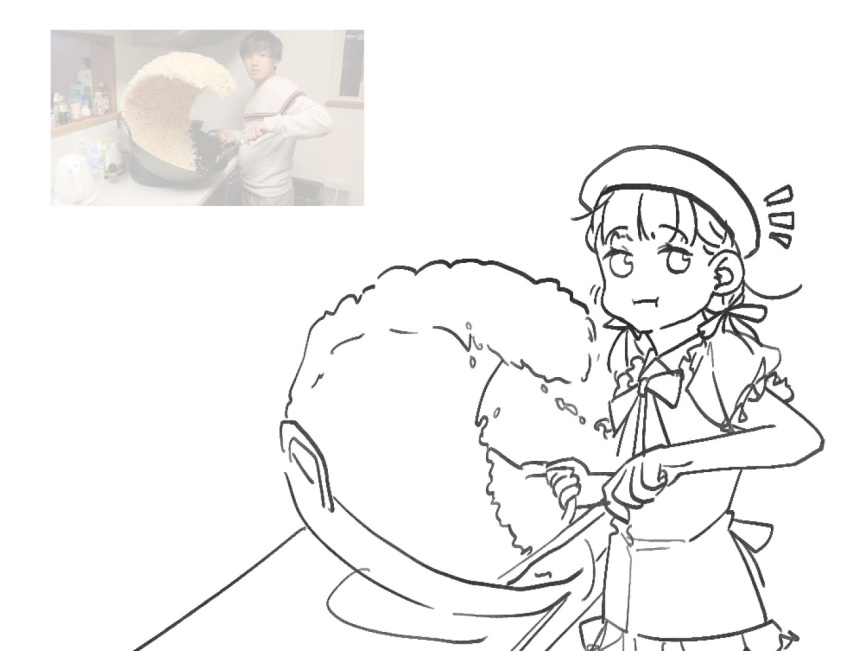 1girl, :i, apron, beret, cheek_bulge, commentary_request, dms, eating