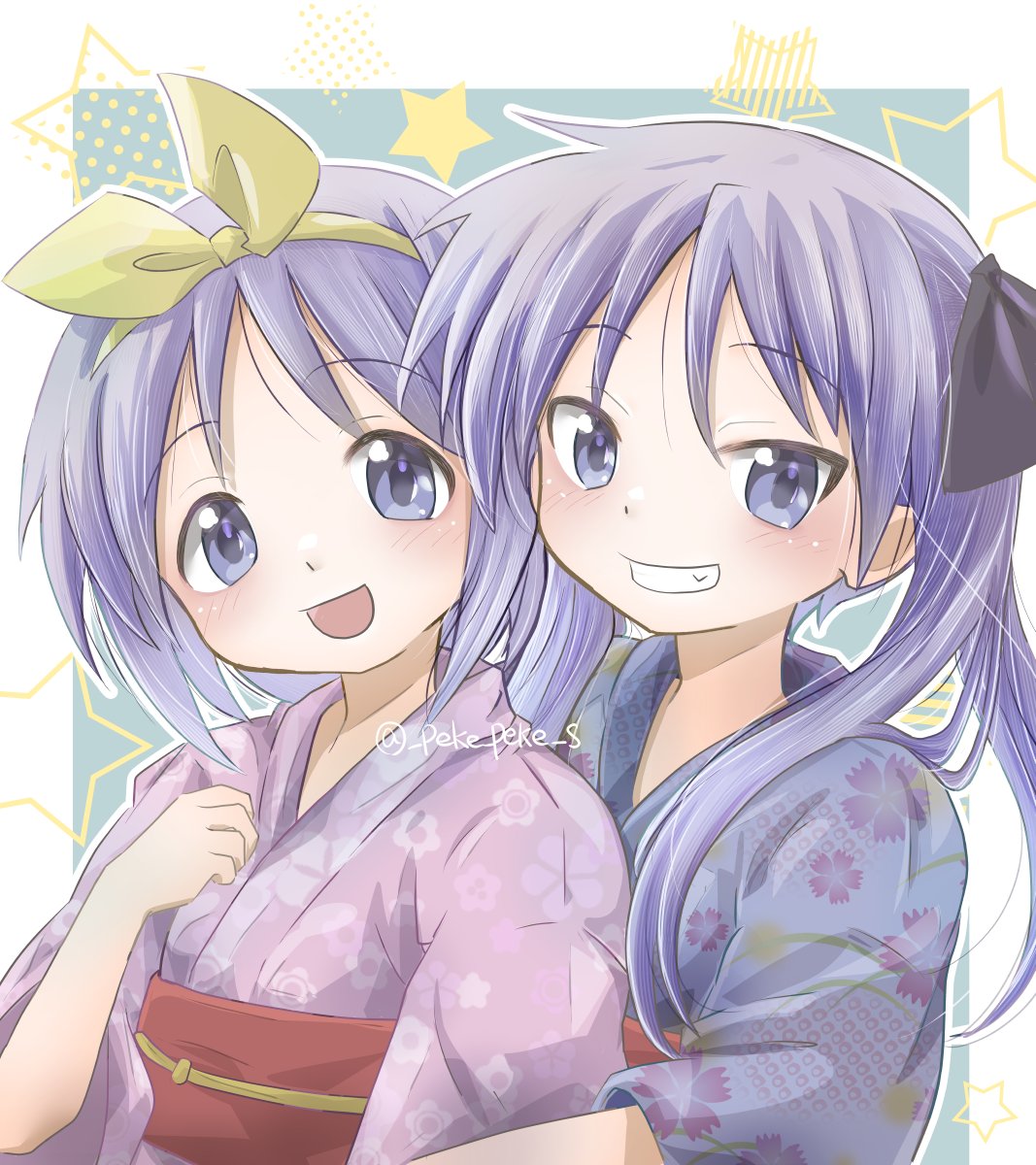 2girls, ben-day_dots, black_bow, blue_eyes, bow, floral_print, grin, highres
