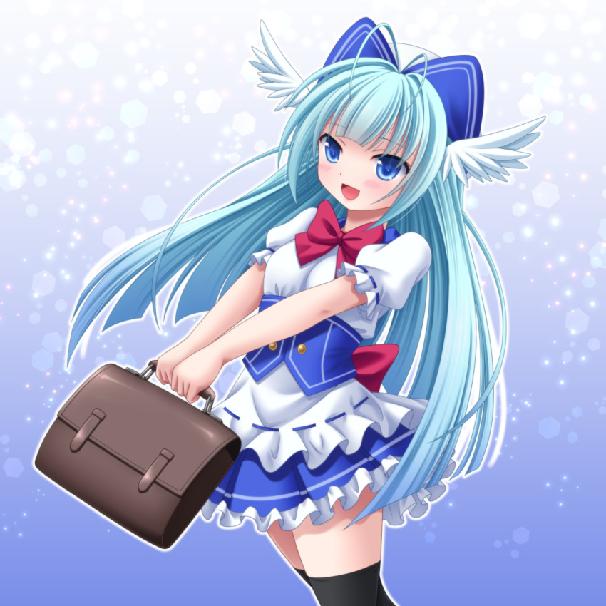 bag, blue_corset, blue_eyes, blue_hair, corset, dress, emil_chronicle_online, fly_fish_alma, frilled_dress, frills, head_wings, long_hair, neck_ribbon, open_mouth, red_ribbon, ribbon, takanashi_tsukasa, white_dress, white_wings, wings