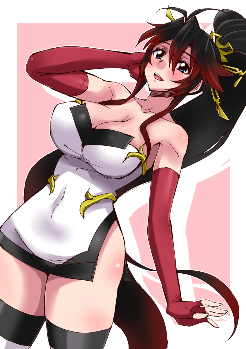 adjusting_hair, arm_up, black_hair, blue_eyes, breasts, cleavage, dress, elbow_gloves
