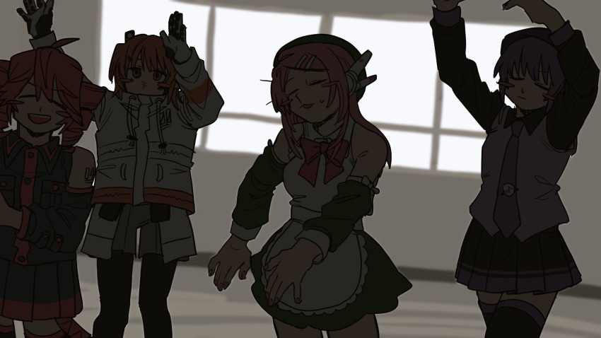 4girls, :3, a.i._voice, adachi_rei, ahoge, apron, arms_up, atsuko_(222atuko)
