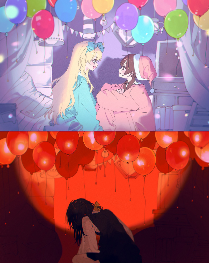 2girls, a4f9gybaah5219, absurdres, apricot_(vocaloid), balloon, bedroom, before_and_after, black_dress