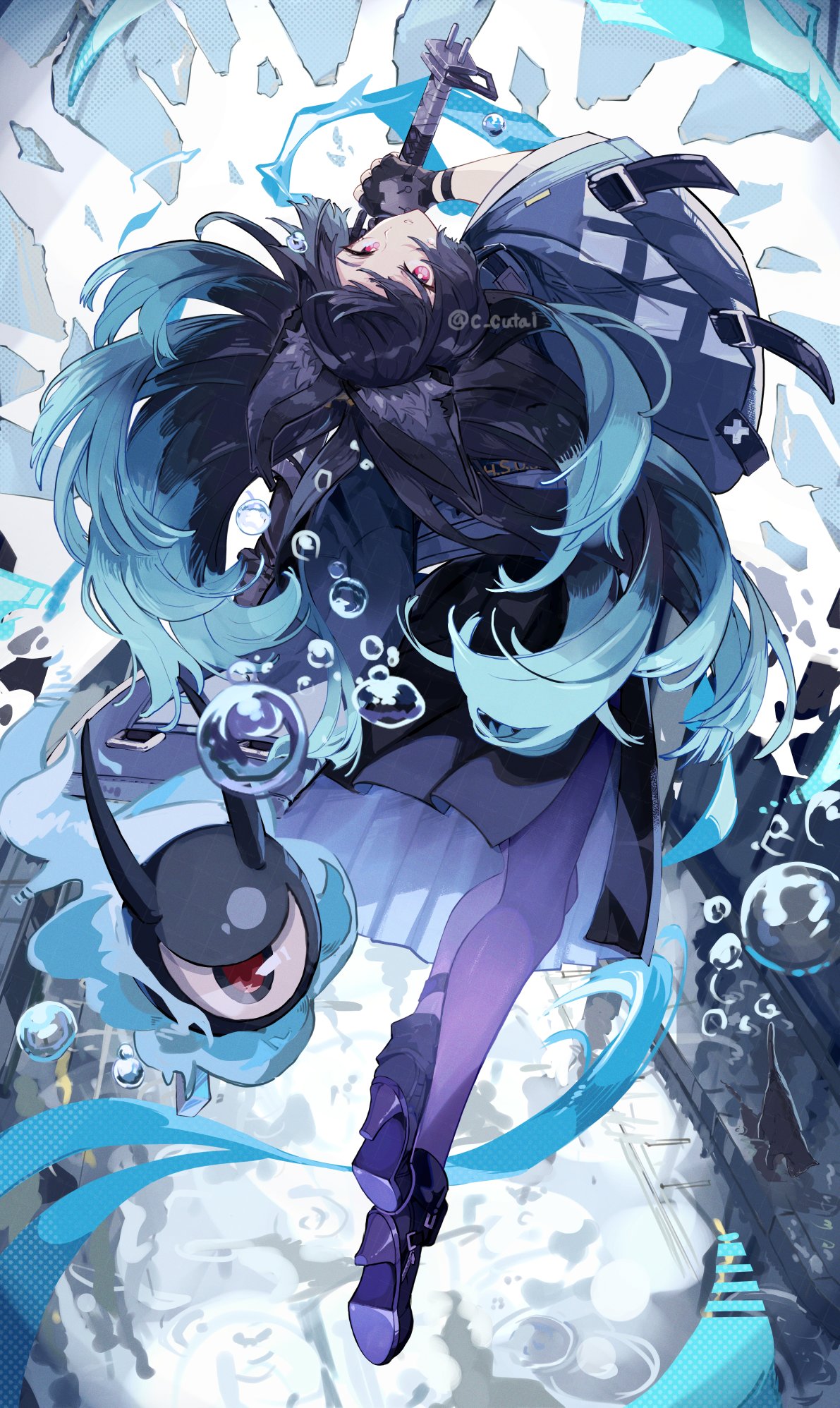 1girl, animal_ear_fluff, animal_ears, aqua_jacket, black_hair, black_pantyhose, black_skirt, blunt_bangs, bubble, c_cutai, eyeball, fingerless_gloves, fox_ears, fox_girl, from_behind, full_body, gloves, high-waist_skirt, high_heels, highres, holding, holding_sword, holding_weapon, hoshimi_miyabi, jacket, katana, long_hair, looking_back, pantyhose, red_eyes, single_fingerless_glove, skirt, sword, tailless_(zenless_zone_zero), weapon, zenless_zone_zero