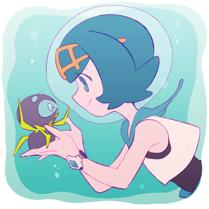 1girl, 2nacl, air_bubble, blue_eyes, blue_hair, bracelet, bubble, closed_mouth, collared_shirt, commentary, dewpider, from_side, highres, holding, holding_pokemon, jewelry, lana_(pokemon), no_sclera, pokemon, pokemon_(anime), pokemon_(creature), pokemon_sm_(anime), shirt, short_hair, sleeveless, sleeveless_shirt, smile, underwater, upper_body, white_shirt