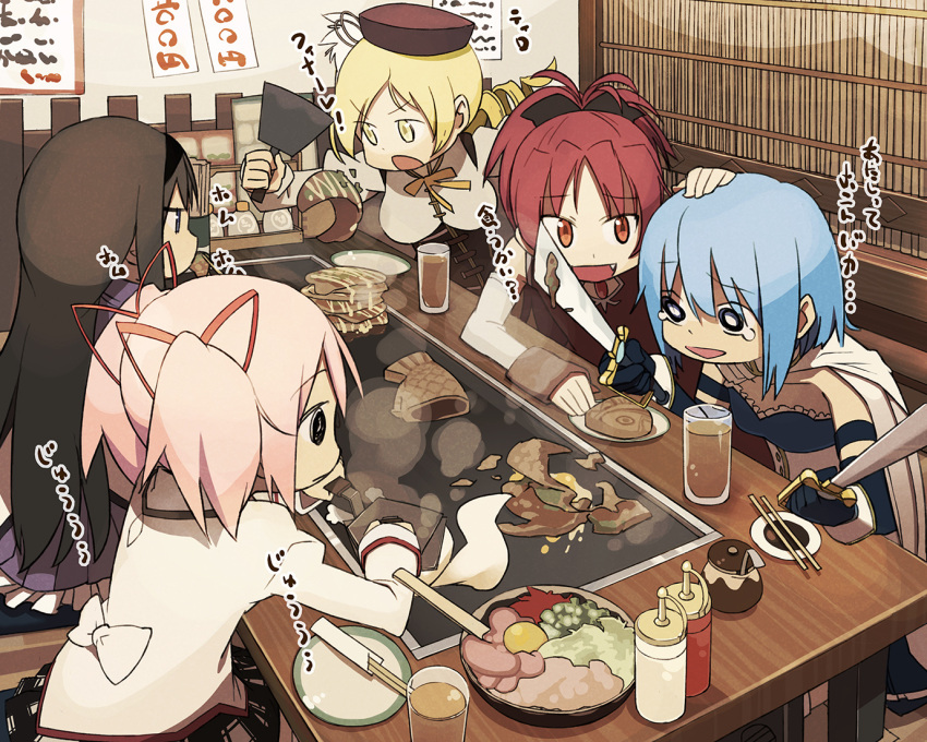 akemi_homura, bare_shoulders, black_hair, blonde_hair, blue_eyes, blue_hair, cape, chibi