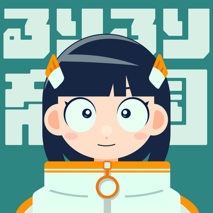 1girl, aqua_background, black_eyes, black_hair, blunt_bangs, blush, blush_stickers, commentary_request