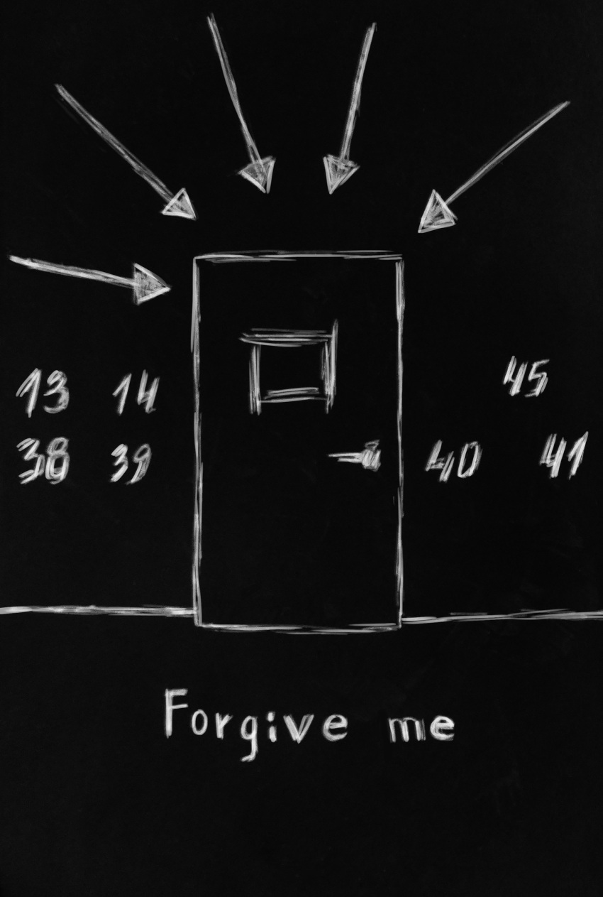 afraid_of_monsters, arrow_(symbol), black_background, cellar_art, color_contrast, door, english_text, greyscale