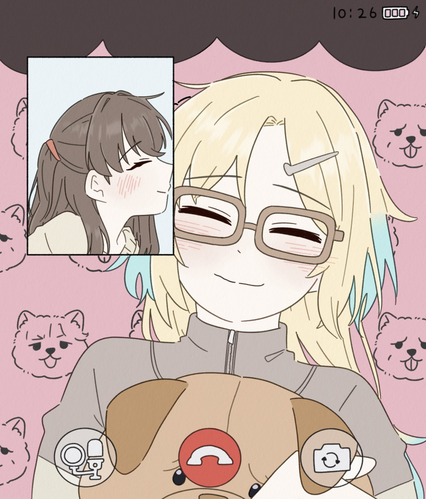 2girls, animal_background, battery_indicator, blonde_hair, blue_hair, brown_hair, brown_shirt, brown_sweater