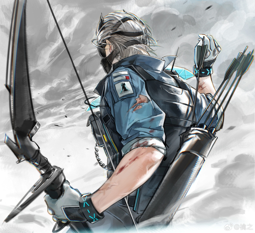 1boy, arknights, arrow_(projectile), back, black_mask, blue_shirt, bow_(weapon), bulletproof_vest