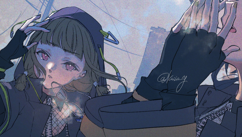 2girls, black_coat, black_gloves, blue_sky, blunt_bangs, brown_hair, coat, commentary