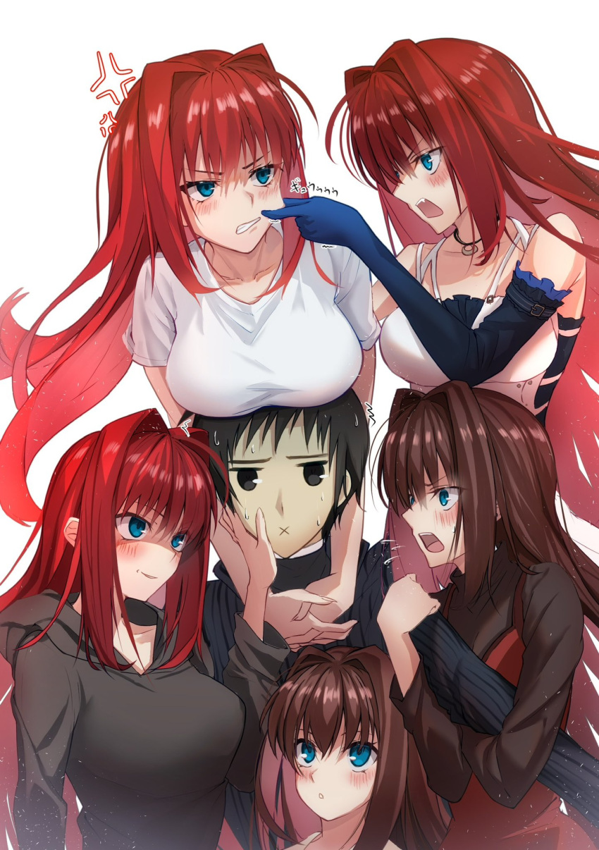 1boy, 5girls, anger_vein, aozaki_aoko, bare_shoulders, black_eyes, black_hair, black_shirt, blue_eyes, blush, breast_rest, breasts, breasts_on_head, brown_hair, cheek_pinching, detached_sleeves, elbow_gloves, gloves, highres, large_breasts, long_hair, mahou_tsukai_no_yoru, multiple_girls, multiple_persona, pinching, red_hair, shirt, shizuki_soujuurou, short_hair, shouting, toomishou, white_shirt, x_mouth