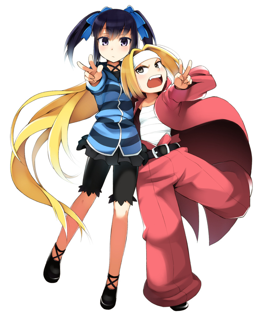 belt, bike_shorts, black_eyes, black_hair, blonde_hair, bow, danball_senki, fang