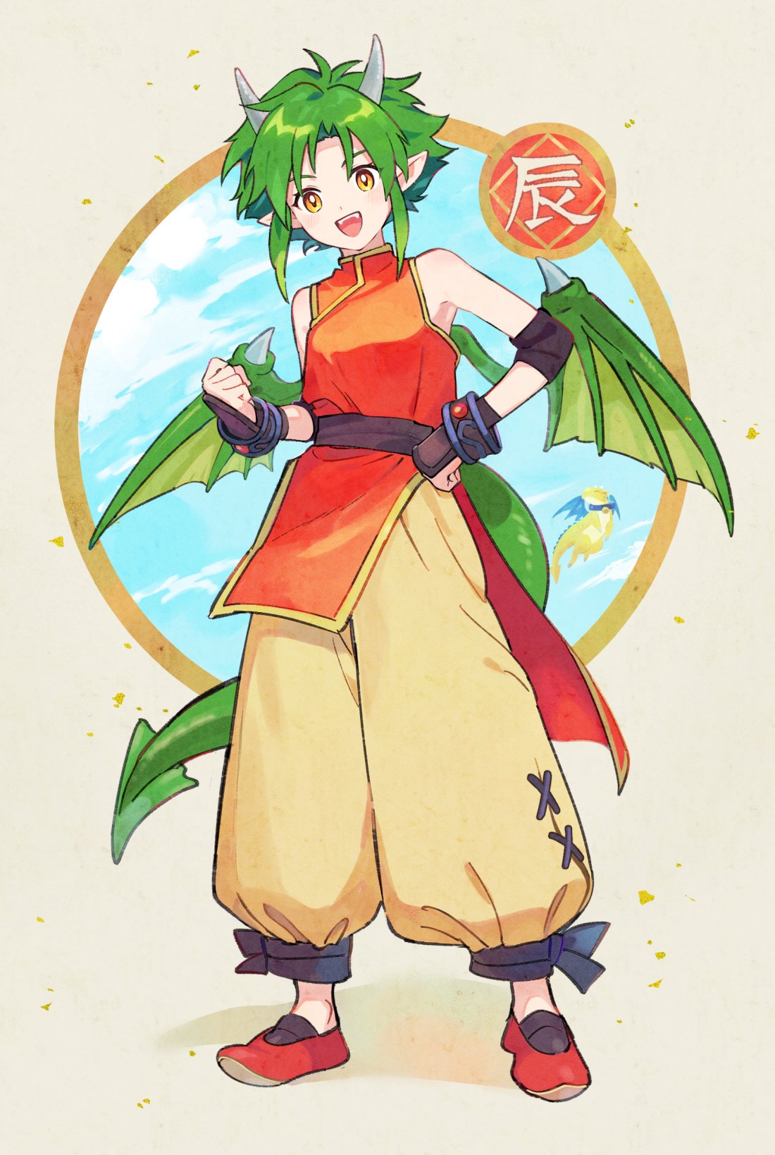 1girl, armpits, blue_sky, bracelet, brown_eyes, brown_pants, china_dress, chinese_clothes