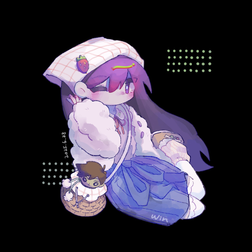 1girl, alternate_eye_color, alternate_hair_color, bag, black_background, boots, brown_boots, flower