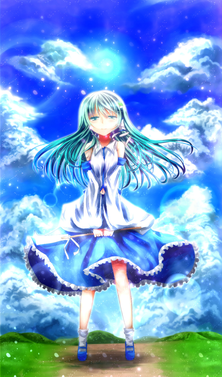 asano_tomoya, bare_shoulders, detached_sleeves, green_eyes, green_hair, highres, kochiya_sanae, long_hair