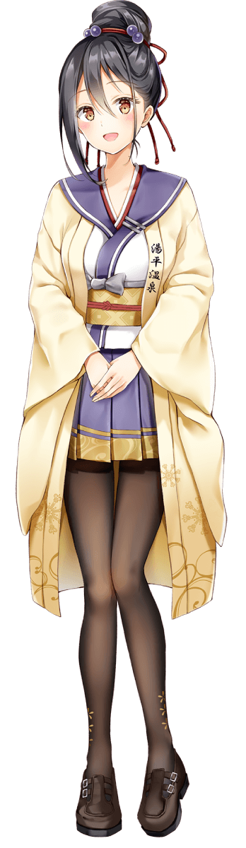 1girl, :d, black_hair, blush, brown_eyes, brown_pantyhose, brown_shoes, hair_between_eyes, hair_bobbles, hair_bun, hair_ornament, highres, official_art, onsen_musume, open_mouth, pantyhose, pleated_skirt, purple_skirt, shoes, simple_background, skirt, smile, solo, transparent_background, yoshida_iyo, yunohira_touka