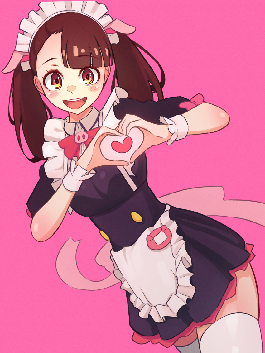 1girl, :d, absurdres, alternate_costume, alternate_hairstyle, apron, asymmetrical_bangs, black_shirt, black_skirt, blush, bow, bowtie, brown_eyes, brown_hair, enmaided, heart, heart_hands, highres, kagari_atsuko, little_witch_academia, long_hair, looking_at_viewer, madabau, maid, maid_headdress, miniskirt, pink_background, red_bow, red_bowtie, shirt, short_sleeves, simple_background, skirt, smile, solo, standing, thigh-highs, twintails, waist_apron, white_apron, white_thighhighs, white_wrist_cuffs, wrist_cuffs, zettai_ryouiki