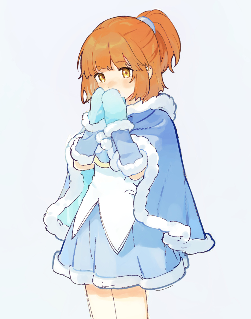 1girl, arle_nadja, arle_nadja_(winter_break), arm_warmers, armor, blue_arm_warmers, blue_cape, blue_mittens, blue_skirt, brown_hair, cape, chest_guard, commentary, covering_own_mouth, cowboy_shot, fur-trimmed_arm_warmers, fur-trimmed_cape, fur-trimmed_skirt, fur_trim, grey_background, hands_up, highres, lirio_(nikori9), looking_at_viewer, mittens, open_mouth, pom_pom_(clothes), ponytail, puyopuyo, puyopuyo_quest, shirt, short_ponytail, simple_background, skirt, solo, standing, warming_hands, white_shirt, winter_clothes, yellow_eyes