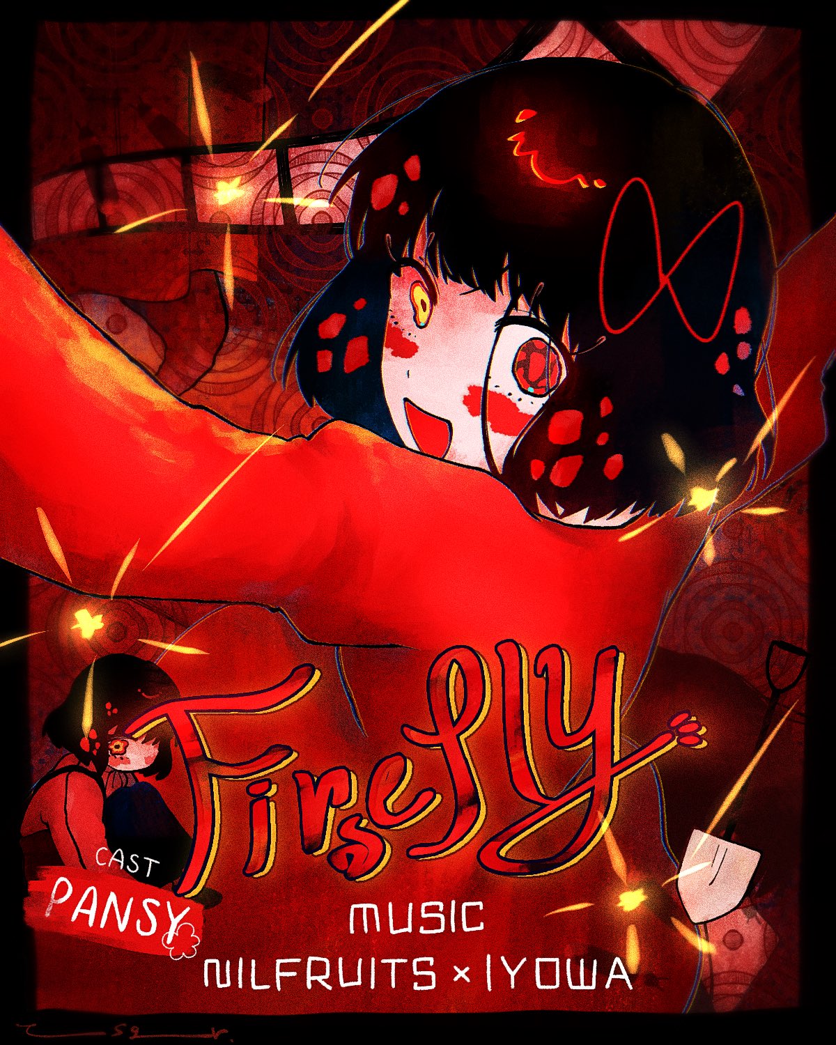1girl, abstract_background, black_border, black_hair, blush, border, cowboy_shot, dress, firefly_(vocaloid), from_behind, hair_ribbon, heterochromia, highres, looking_at_viewer, looking_back, mismatched_pupils, multicolored_eyes, multiple_views, open_mouth, outstretched_arms, red_background, red_dress, red_eyes, red_ribbon, ribbon, shooting_star_(symbol), short_hair, shovel, smile, spotted_hair, spread_arms, tasogare_(tsgr), vocaloid, wide-eyed, yellow_eyes
