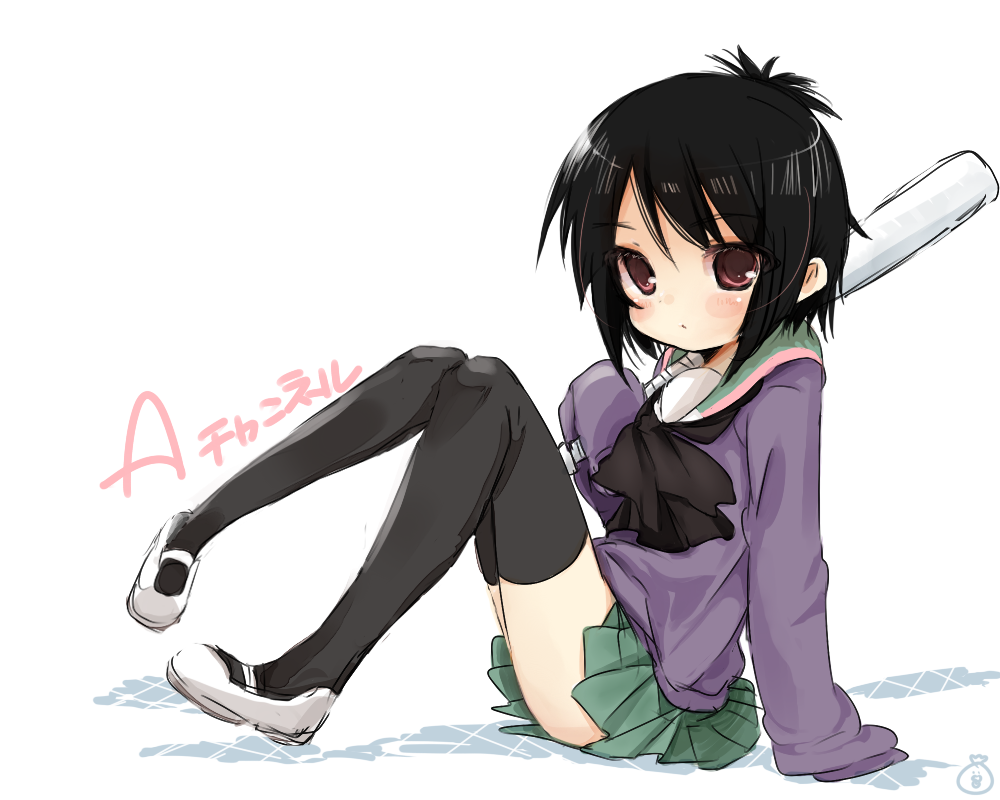 baseball_bat, black_hair, brown_eyes, ichii_tooru, natsu_(norari_kurari), school_uniform, shoes, short_hair