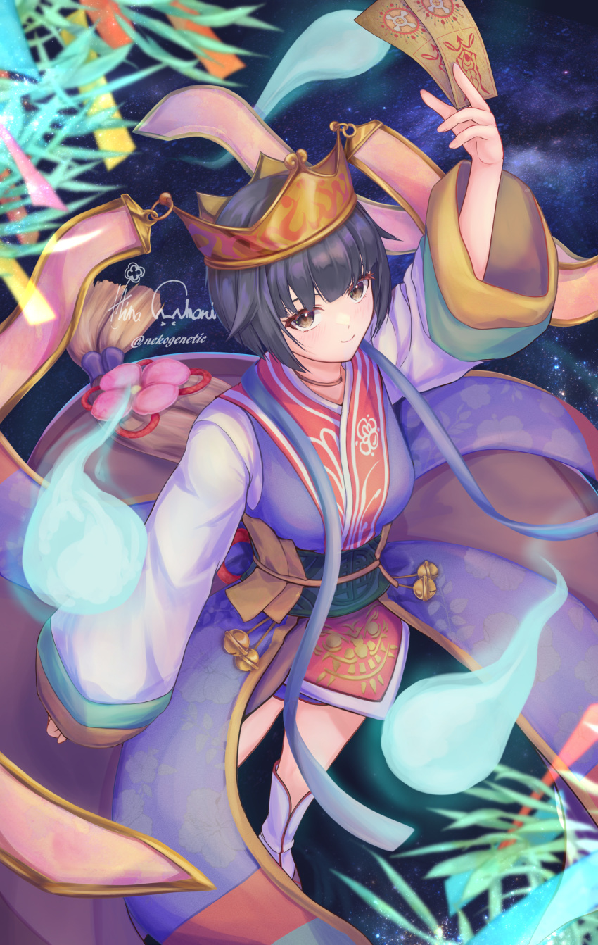 1girl, absurdres, black_hair, brown_eyes, brown_shoes, closed_mouth, coat, commentary_request, crown, full_body, ghost, green_sash, highres, holding_ofuda, long_sleeves, looking_at_viewer, nekogenetic, night, night_sky, obi, outdoors, purple_coat, ragnarok_online, sash, shirt, shoes, short_hair, sky, sleeveless, sleeveless_coat, smile, socks, solo, soul_ascetic_(ragnarok_online), standing, star_(sky), starry_sky, tanabata, white_shirt, white_socks