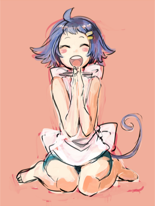 ahoge, barefoot, closed_eyes, eyes_closed, gochisousa_mouse, hair_ornament, hairclip, matsushita_mino, mouse_tail, open_mouth, personification, purple_hair, short_hair, sitting, tail, wariza
